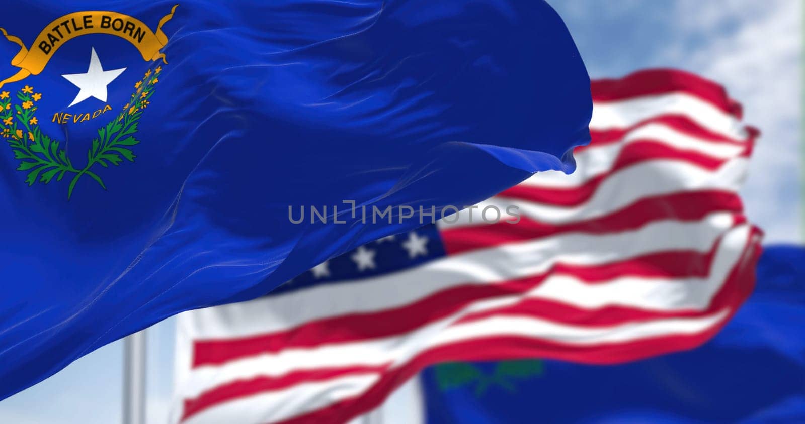 The flags of the Arkansas state and United States waving in the wind. Democracy and independence. American state. Seamless 3D animation