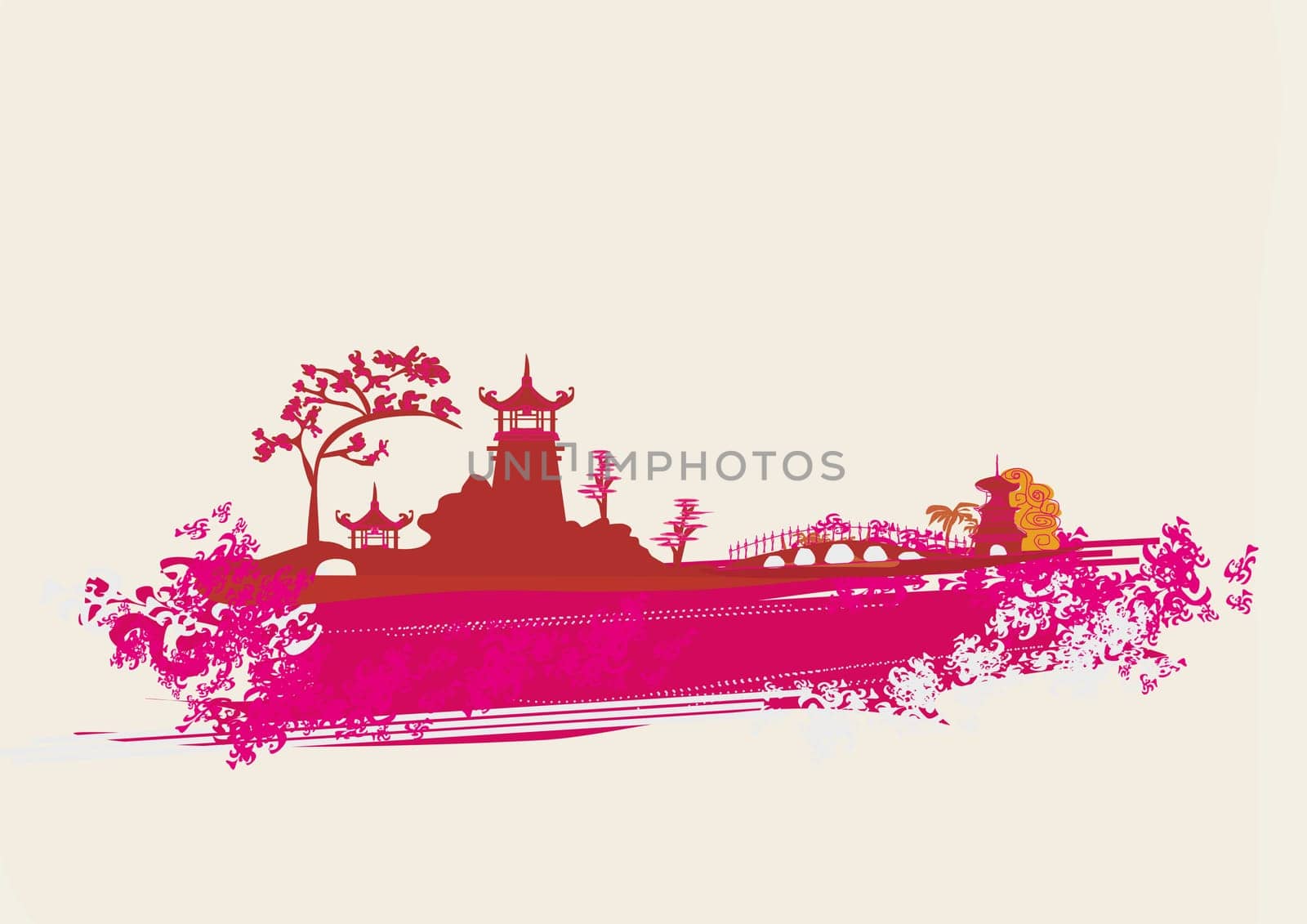 old paper with Chinese temple on abstract Asian Landscape