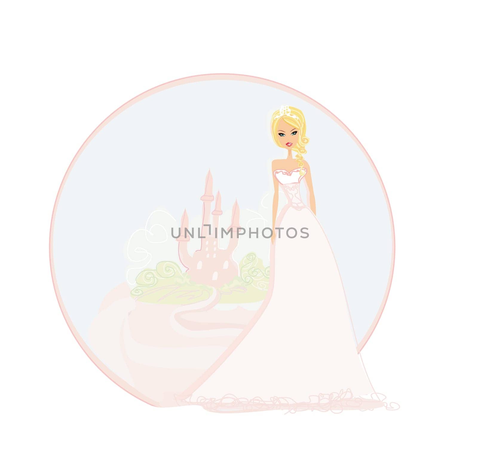 Beautiful young blond princess in front of her castle