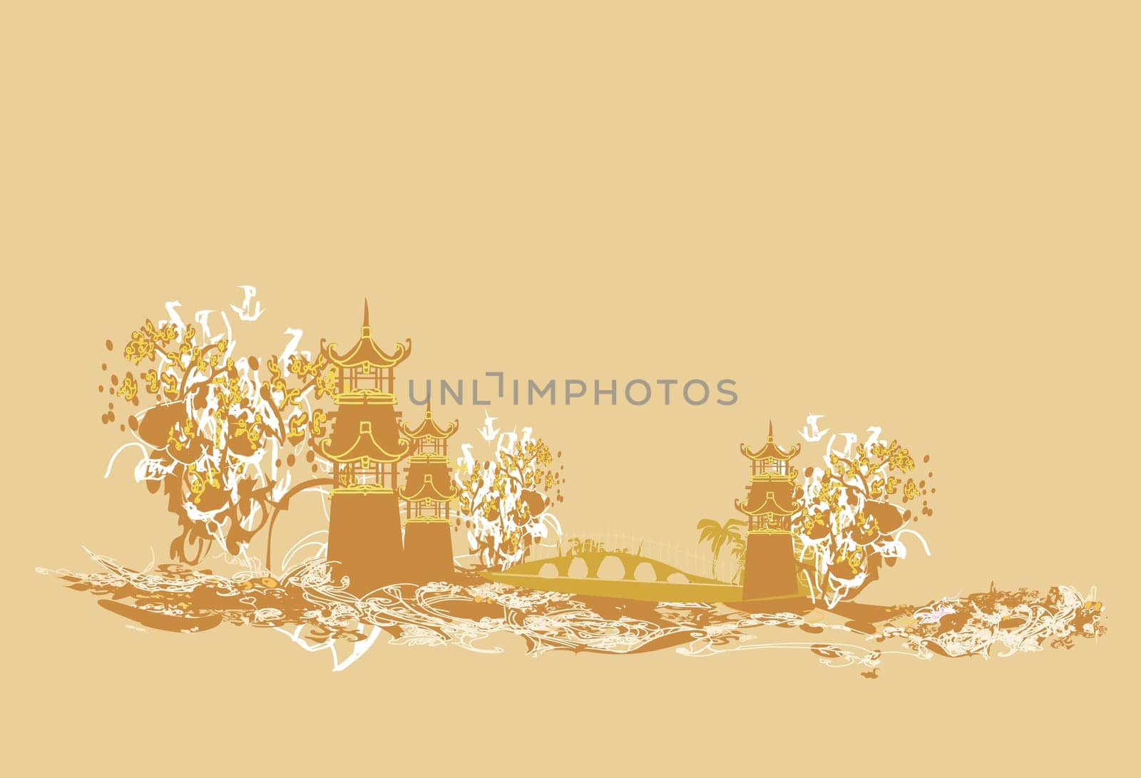 old paper with Chinese temple on abstract Asian Landscape