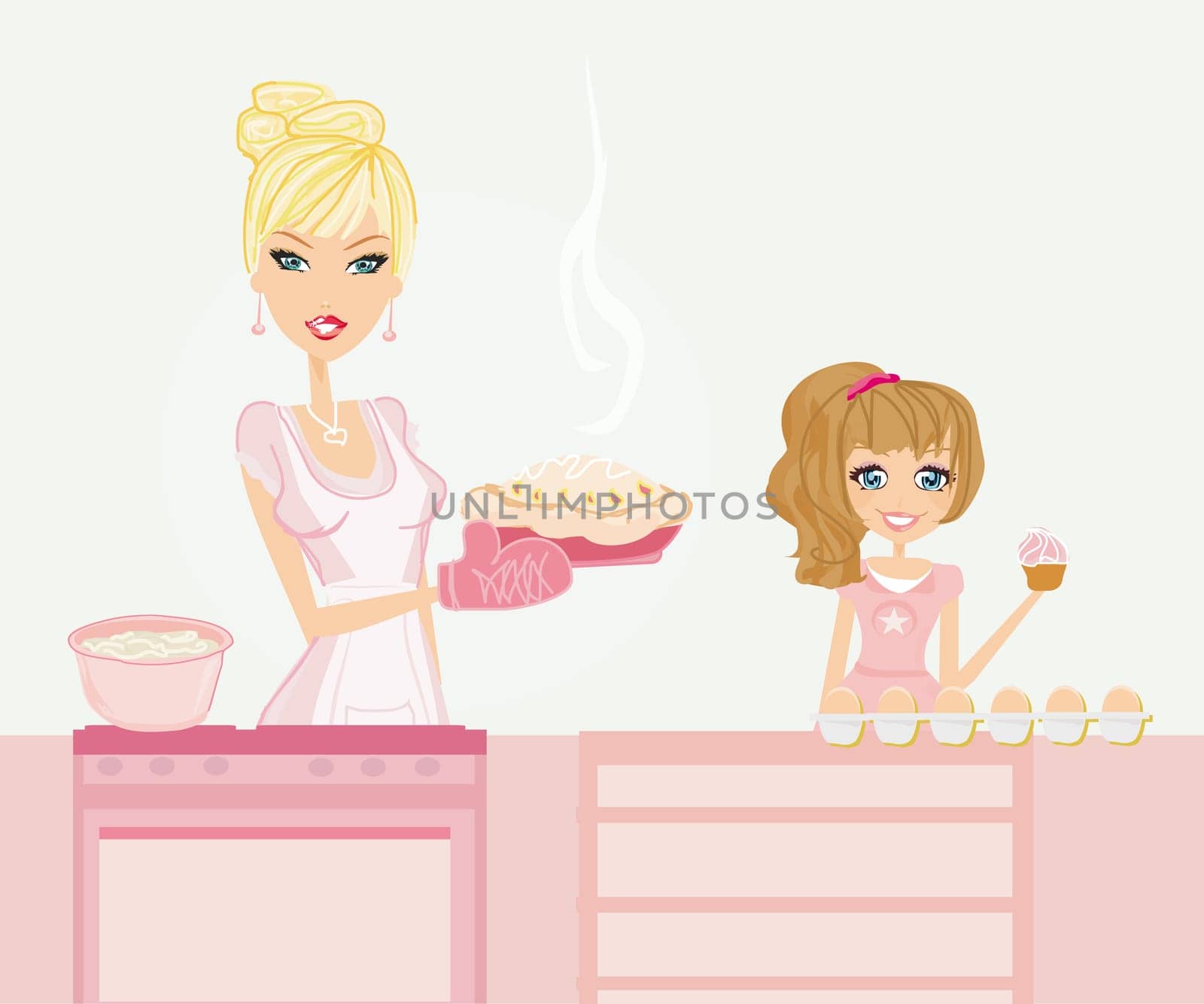 Happy mother helping her daughter cooking cake in the kitchen