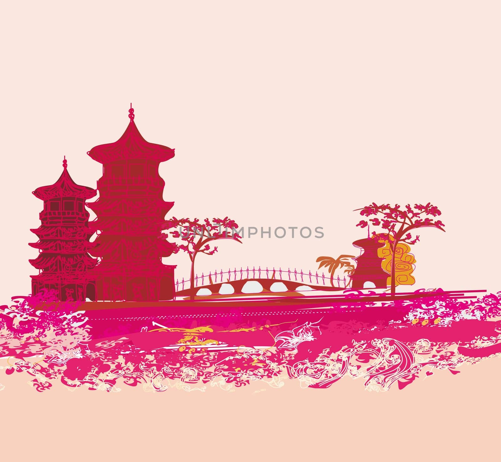 old paper with Chinese temple on abstract Asian Landscape