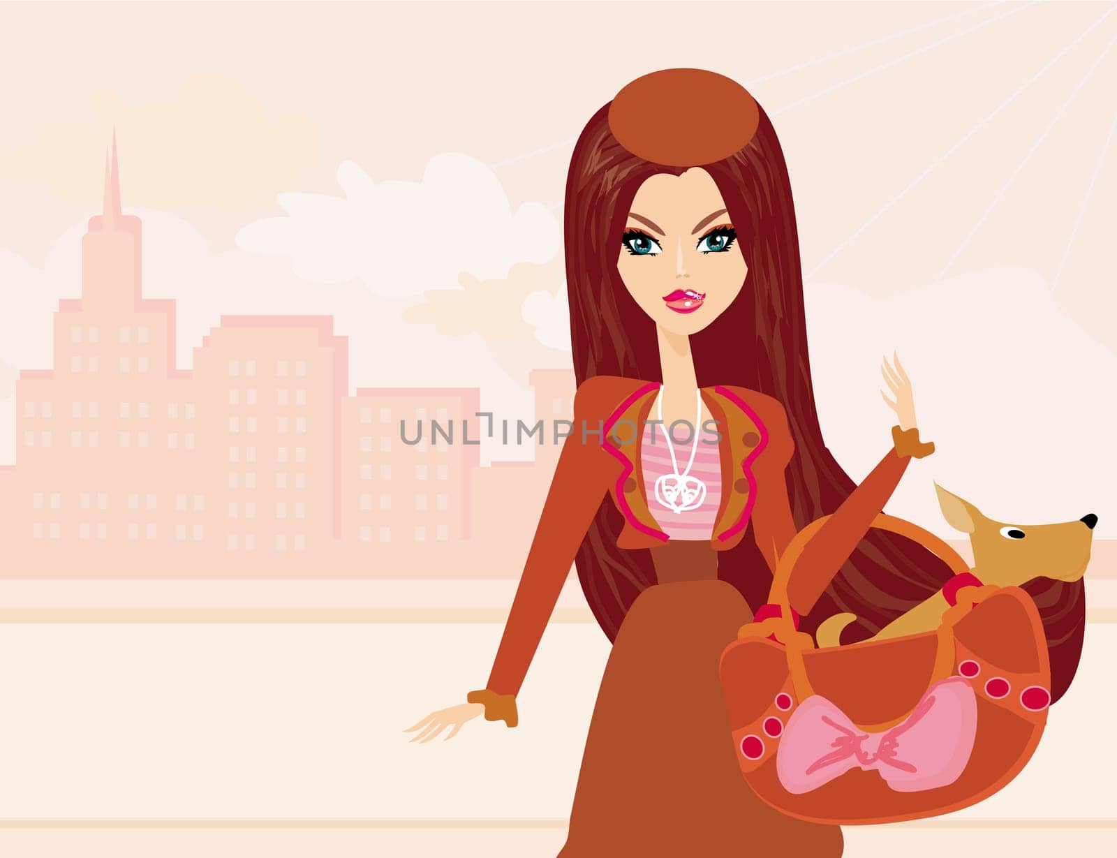 Fashion girl and her puppy in bag