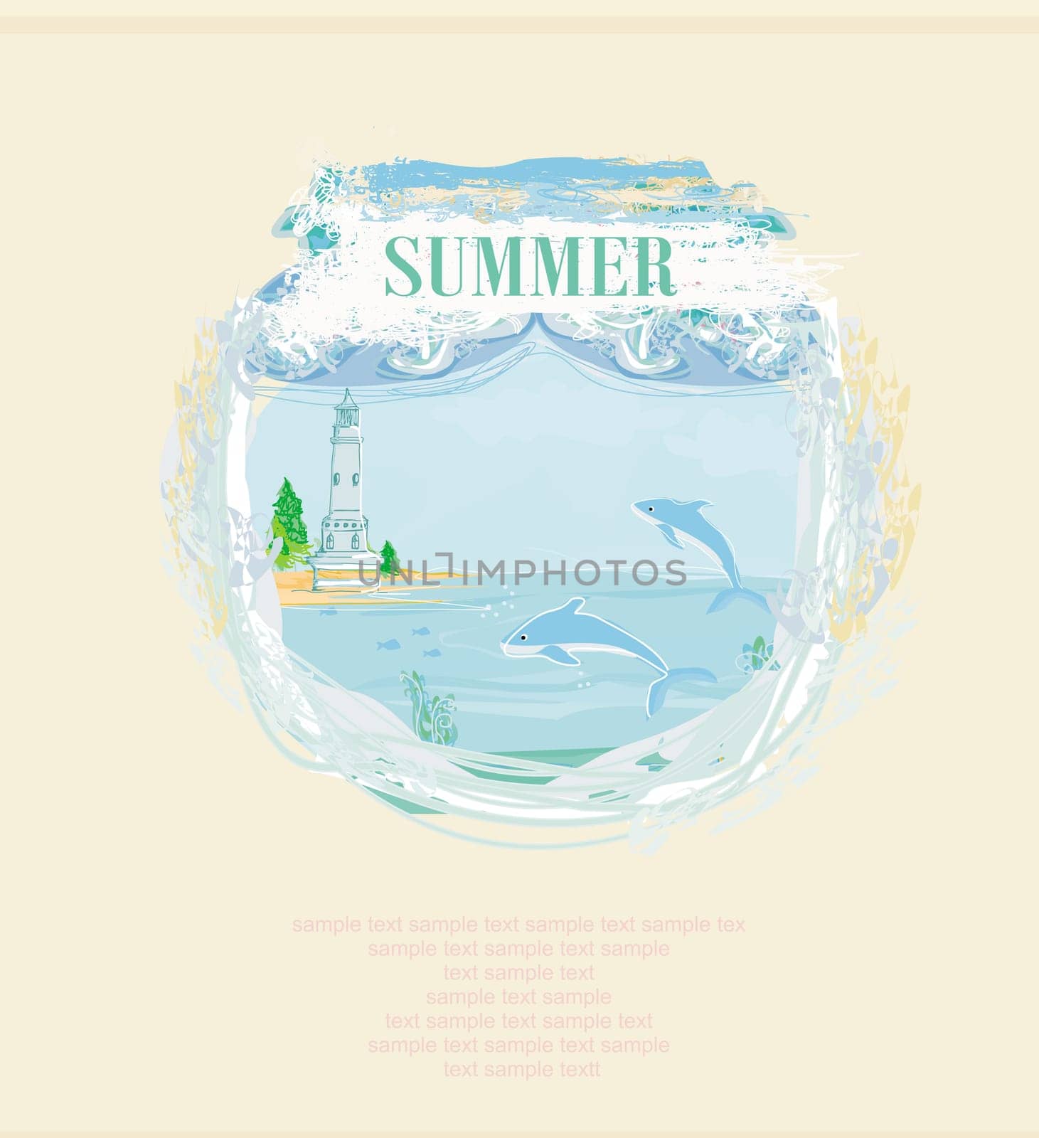 lighthouse seen from a tiny beach - Grunge Poster