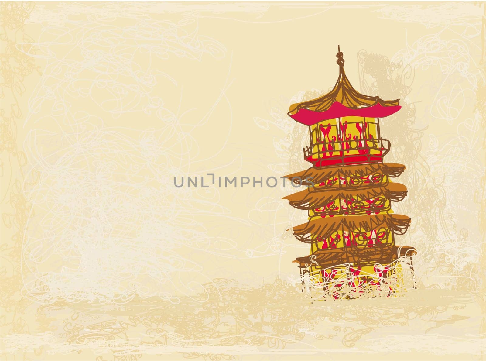 old paper with Chinese temple on abstract Asian Landscape