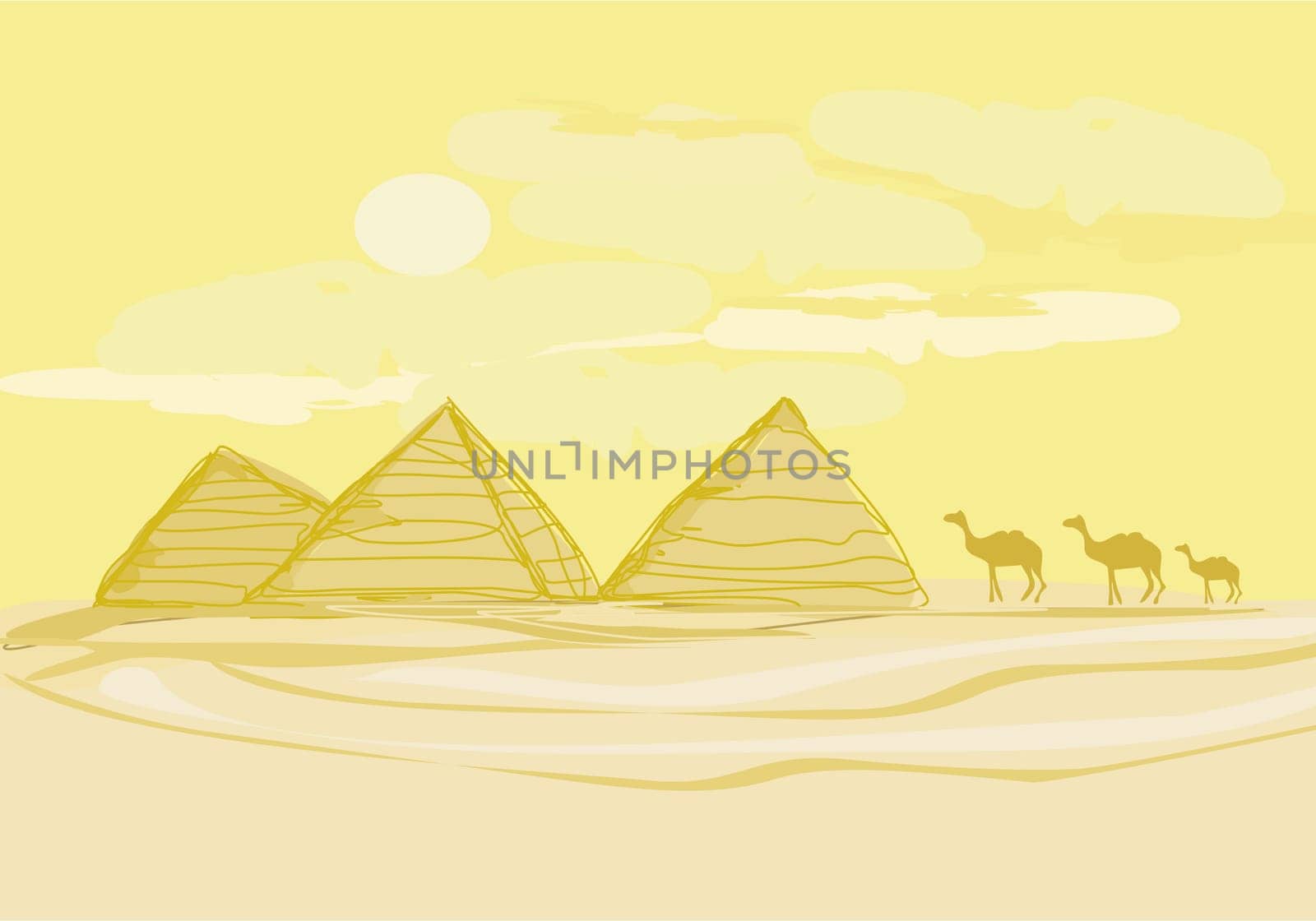pyramids giza and camels silhouette on desert landscape