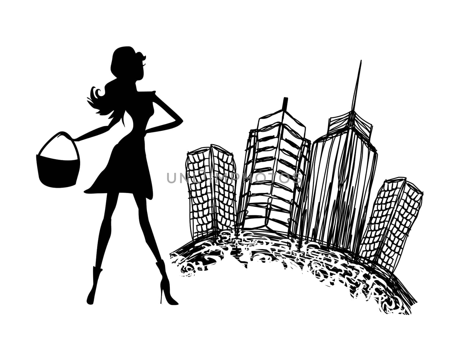 fashion girl silhouette Shopping in the city doodle