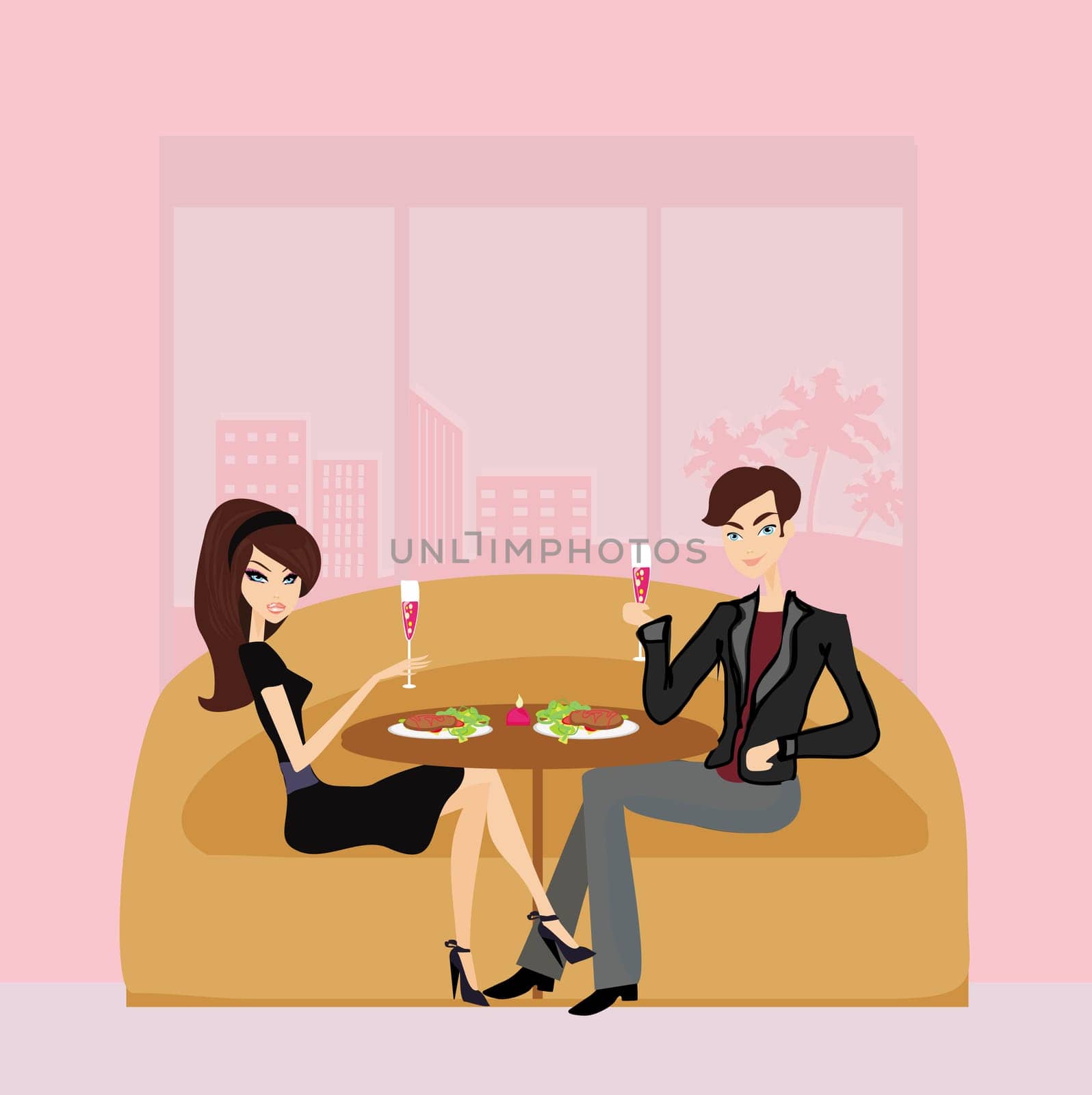 Young couple flirt and drink champagne in restaurant