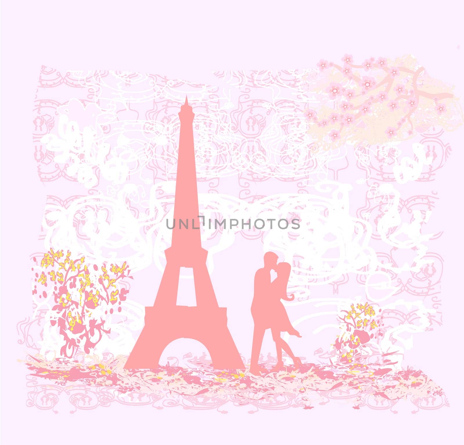 Romantic couple silhouette in Paris kissing near the Eiffel Tower Retro card