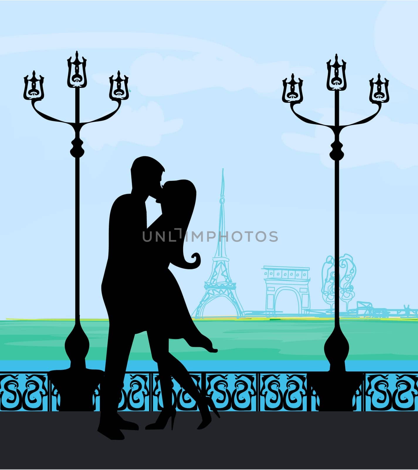 Romantic couple silhouette in Paris kissing near the Eiffel Tower Retro card