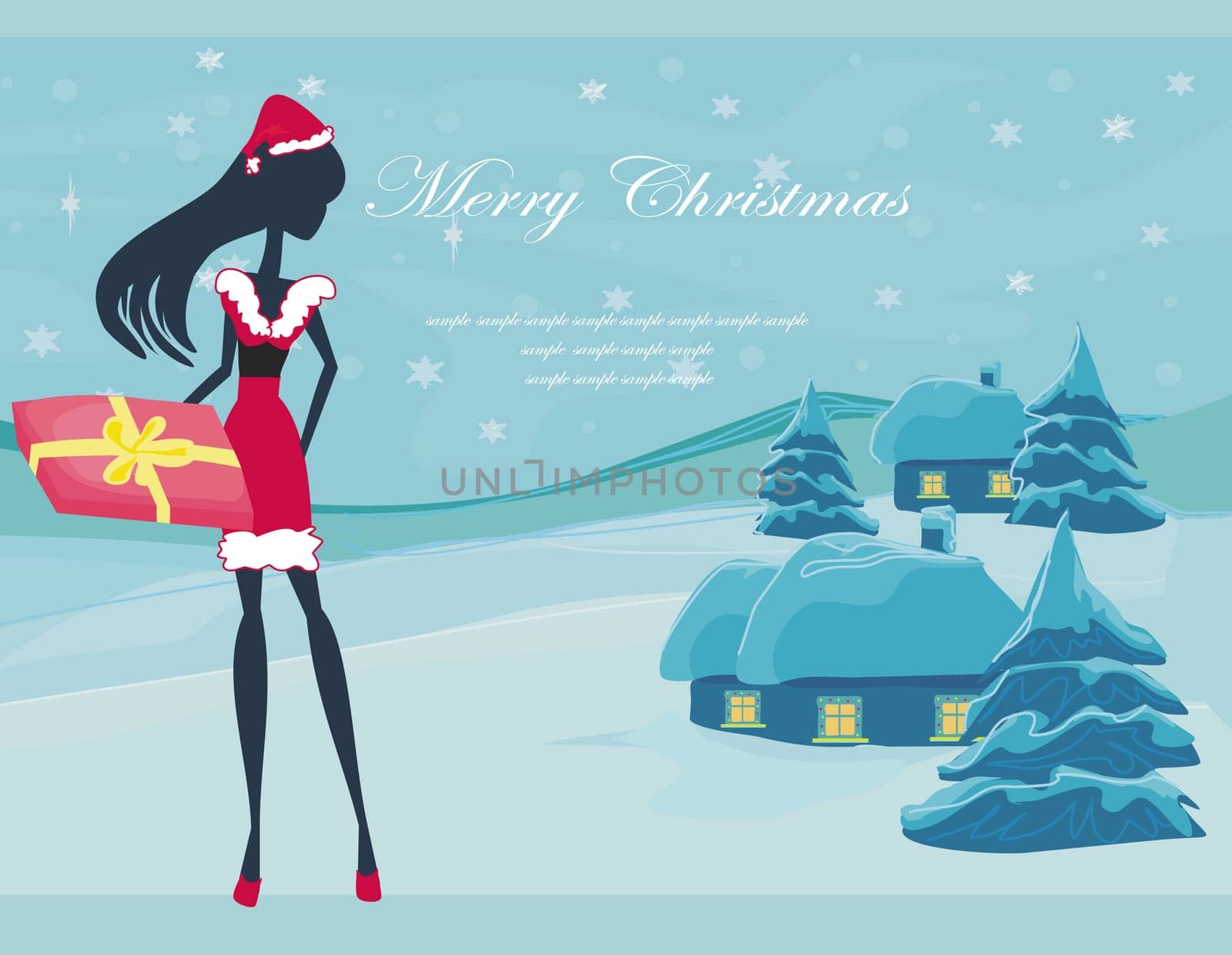 Happy New year card with Santa girl silhouette and night winter landscape