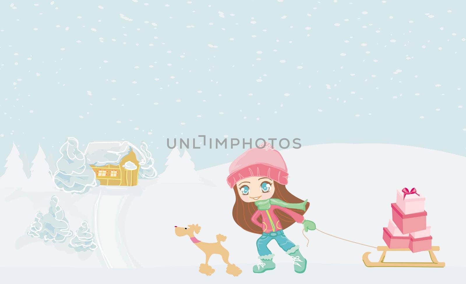 winter little girl with gift box and her dog