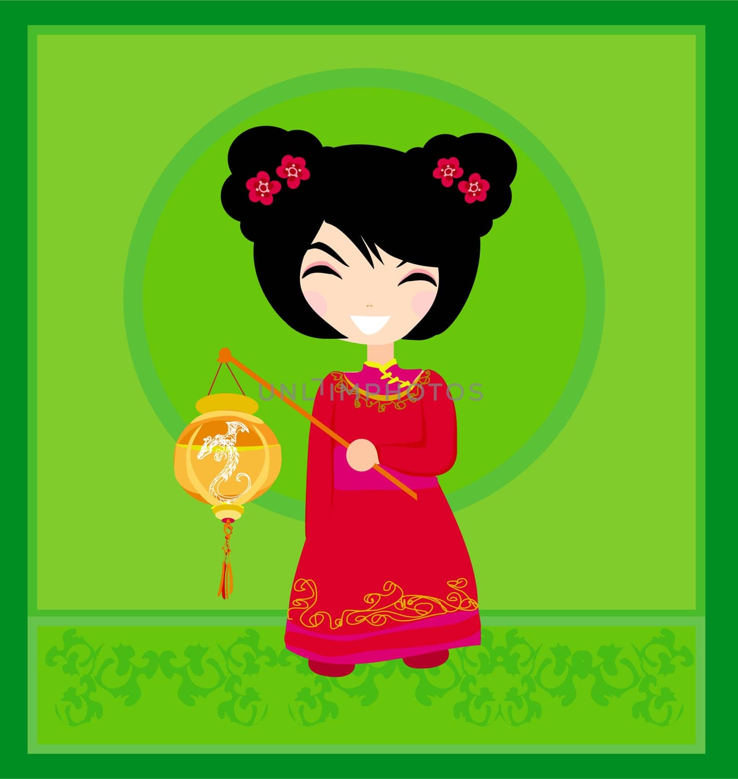A happy chinese little girl and her beautiful lantern card