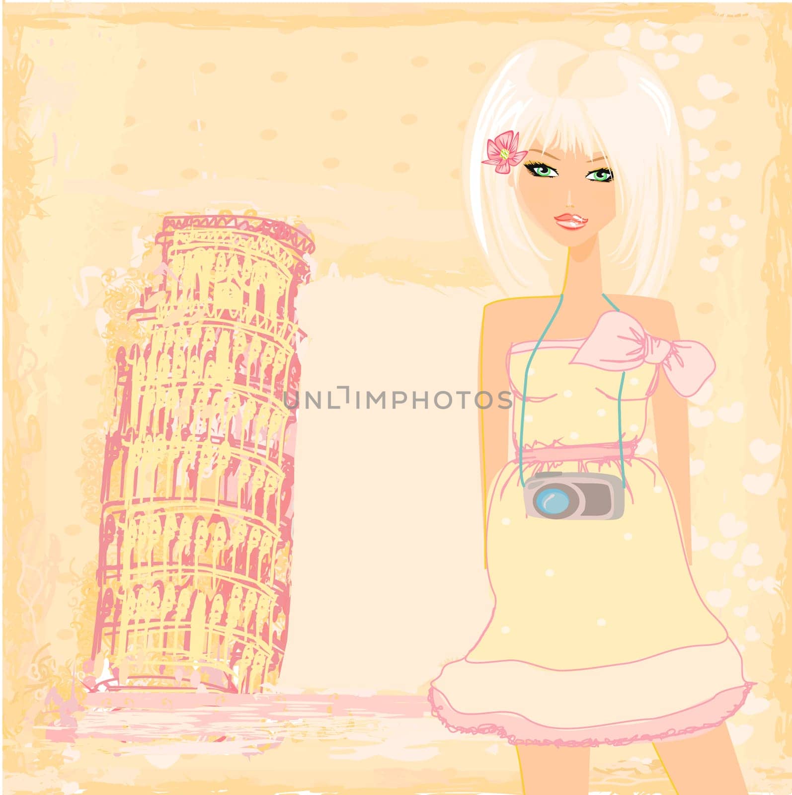 beautiful travel girl with camera near Pisa building in Italy  - card