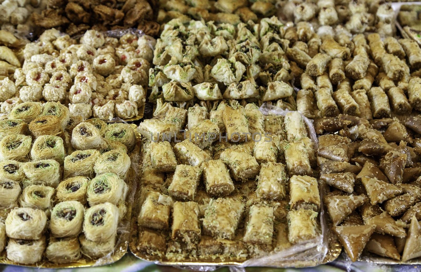 Detail of artisan cakes from Morocco, traditional crafts, sweet