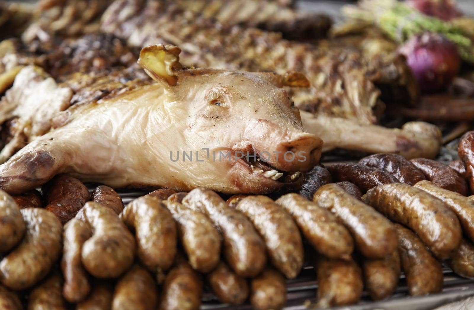 Detail of grilled meat, party and celebration