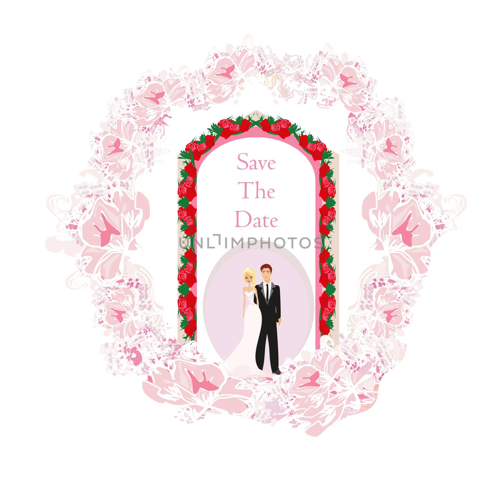 Elegant wedding floral invitation with wedding couple