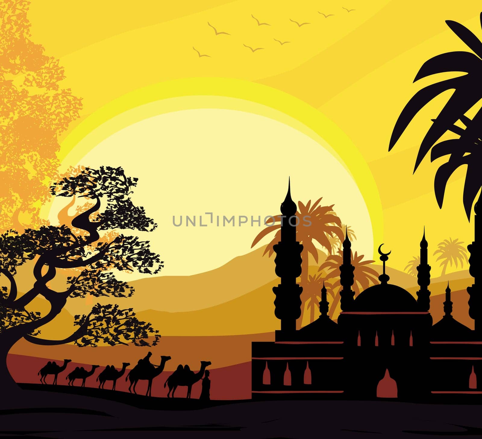 Bedouin camel caravan in wild africa landscape illustration
