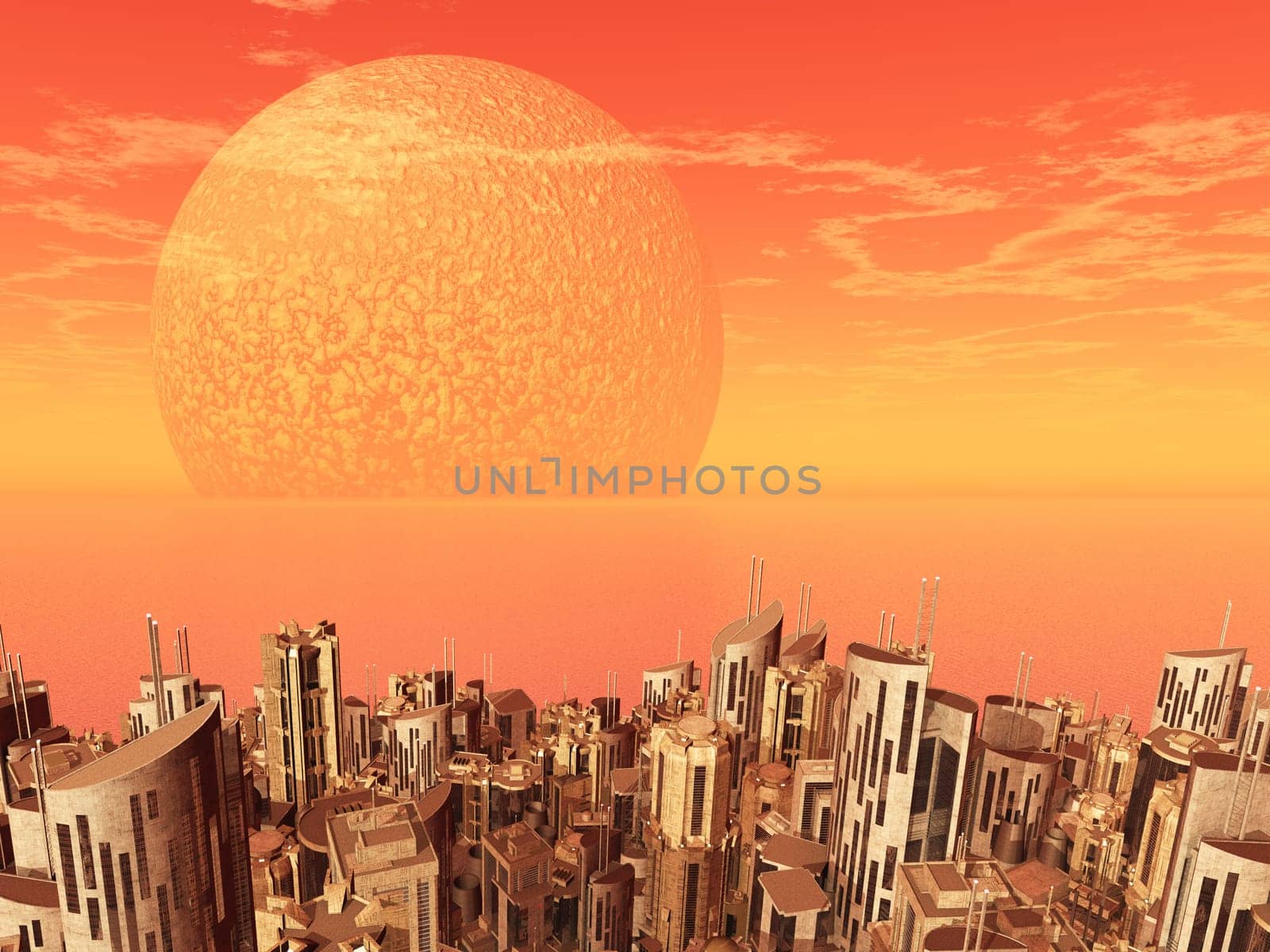 Computer generated 3D illustration with a futuristic city in a distant world