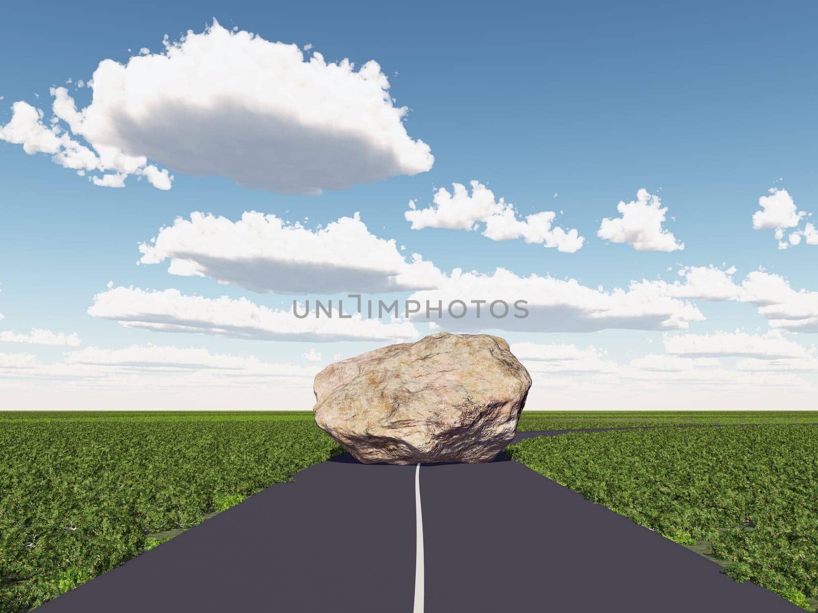 Computer generated 3D illustration with a huge rock on a country road