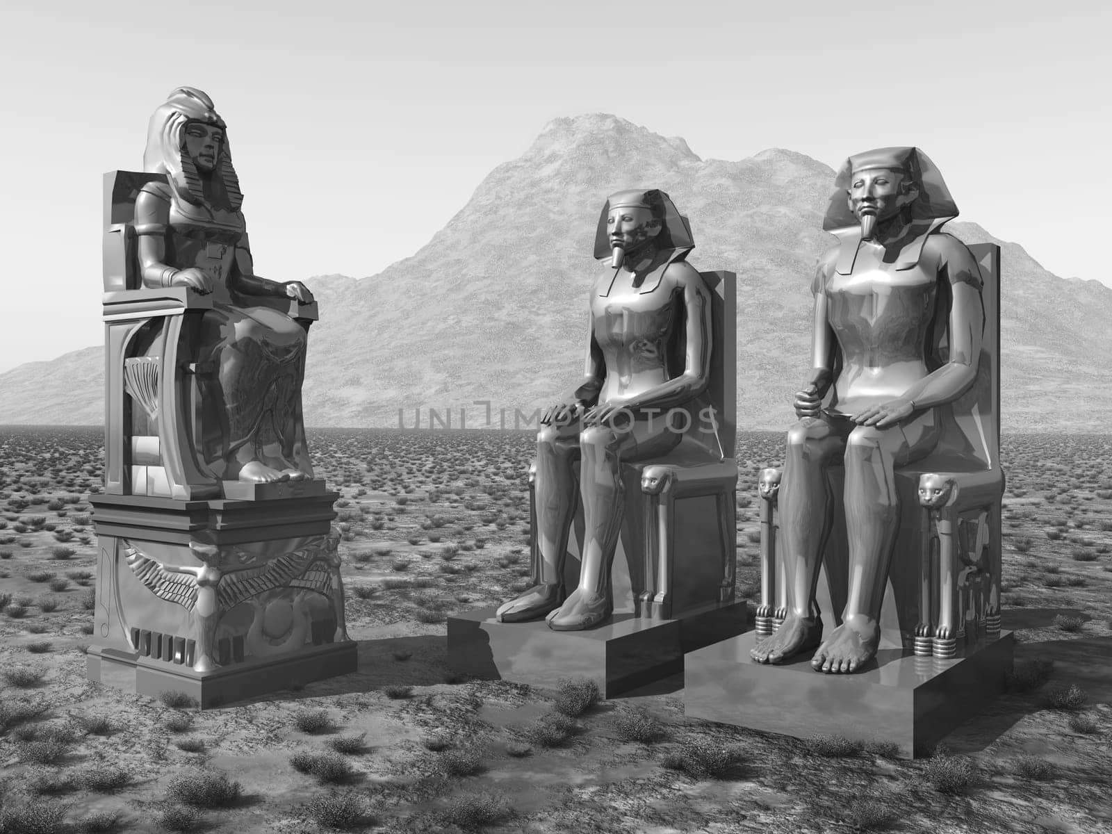 Computer generated 3D illustration with statues from ancient Egypt in a landscape in black and white