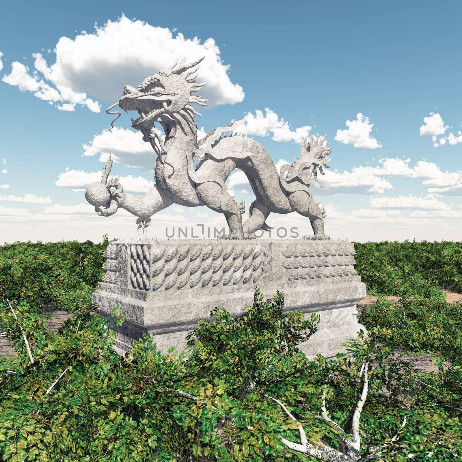 Computer generated 3D illustration with a Chinese dragon statue in a landscape