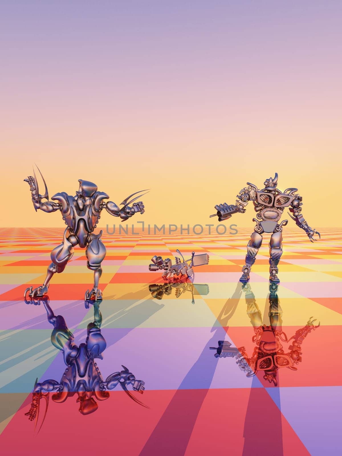 Computer generated 3D illustration with alien robots in a distant world