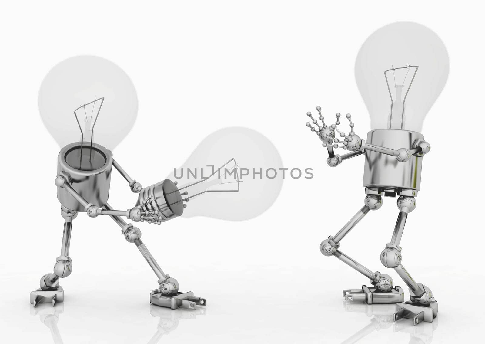 Computer generated 3D illustration of two light bulb figures with a light bulb