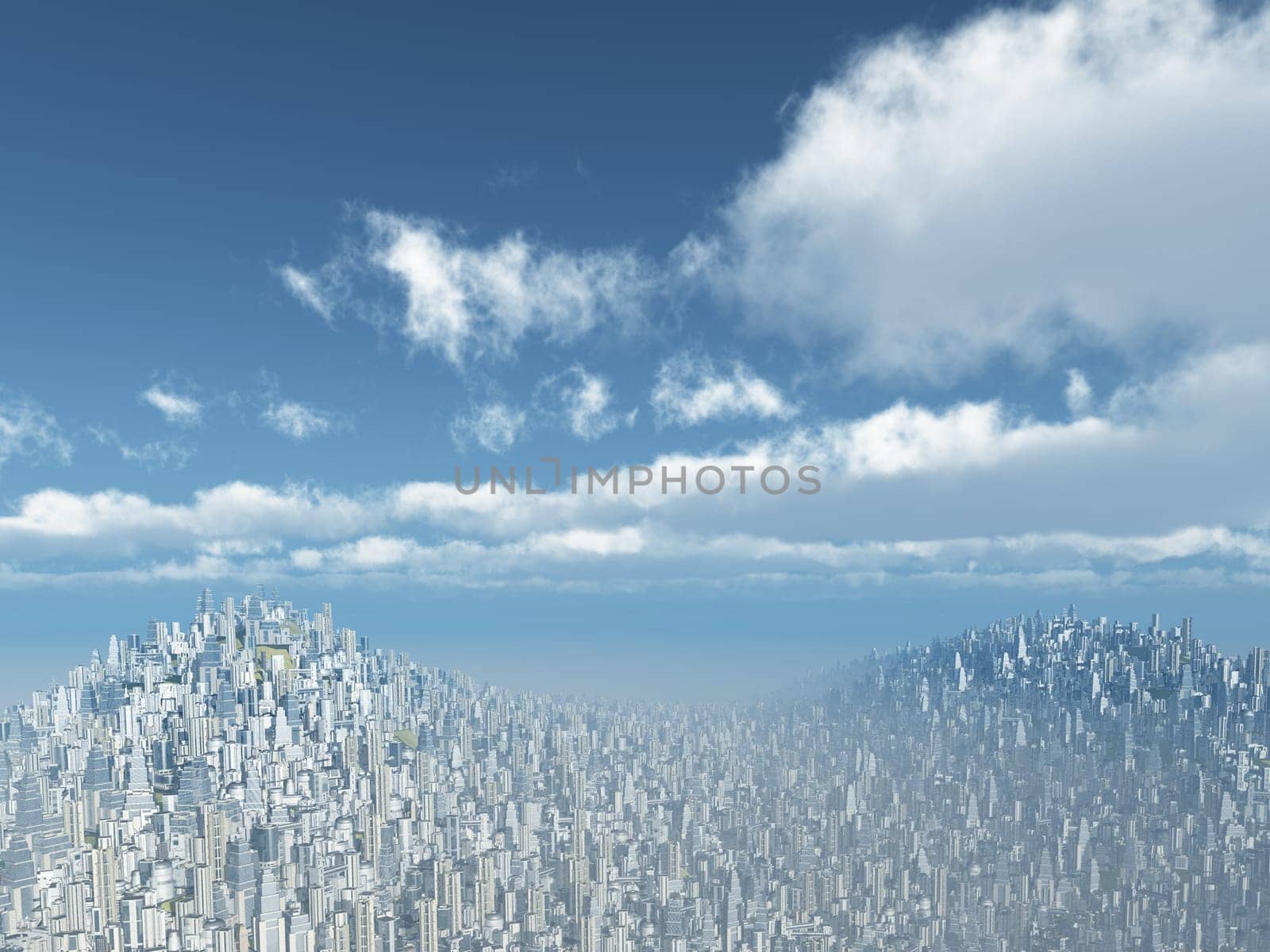 Computer generated 3D illustration with a futuristic megacity in the mountains