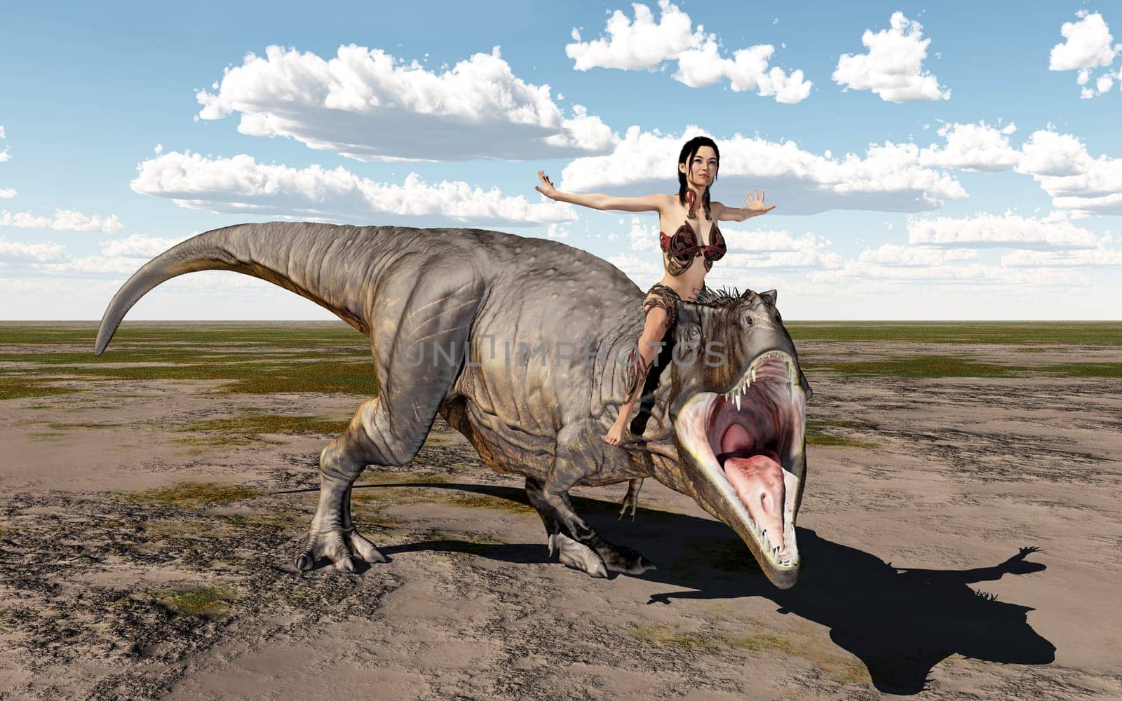 Computer generated 3D illustration with a woman riding on the dinosaur Tyrannosaurus Rex in a landscape