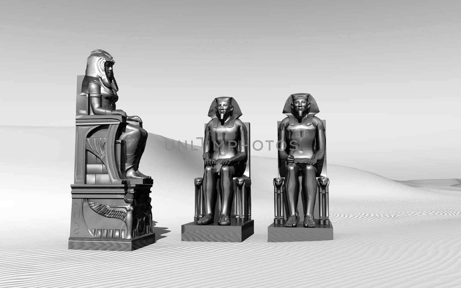 Computer generated 3D illustration with statues from ancient Egypt in a landscape in black and white