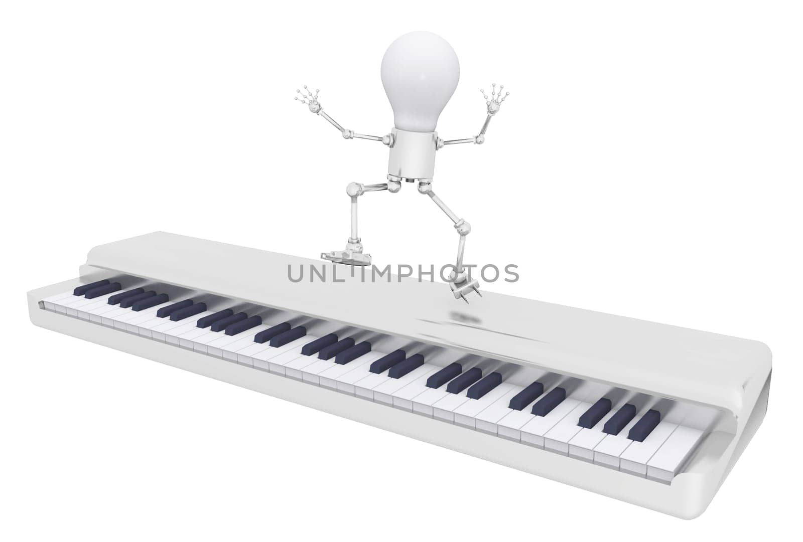 Computer generated 3D illustration with a light bulb figure dancing on a keyboard isolated on white background