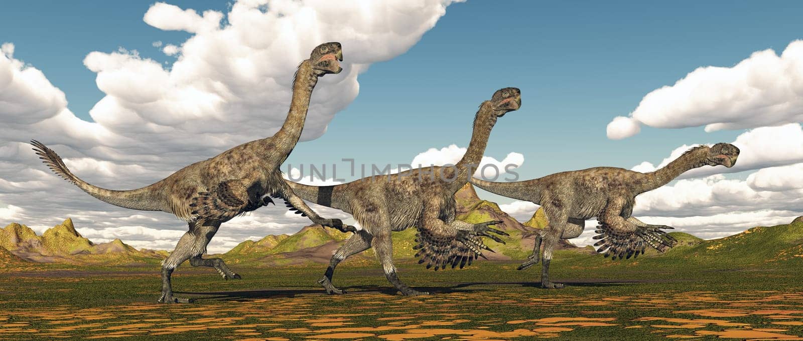 Computer generated 3D illustration with the theropod dinosaur Citipati in a landscape