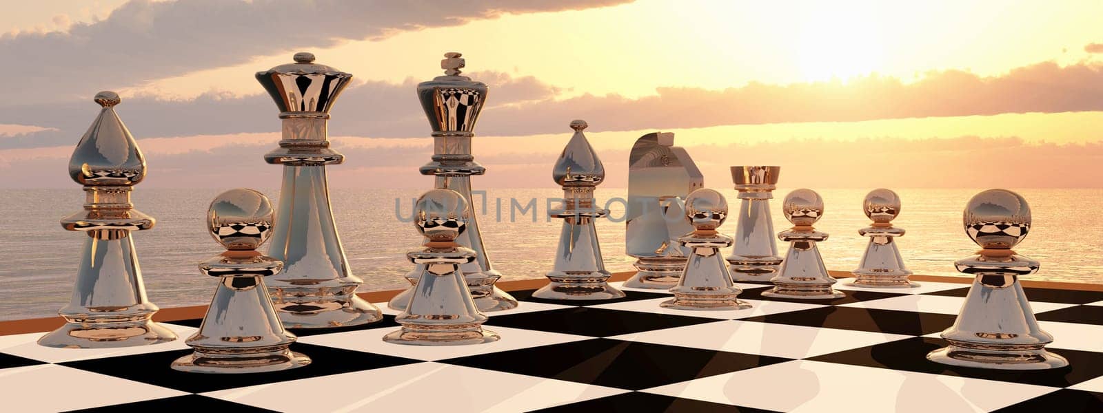Computer generated 3D illustration with chessboard and chess figures at sunset