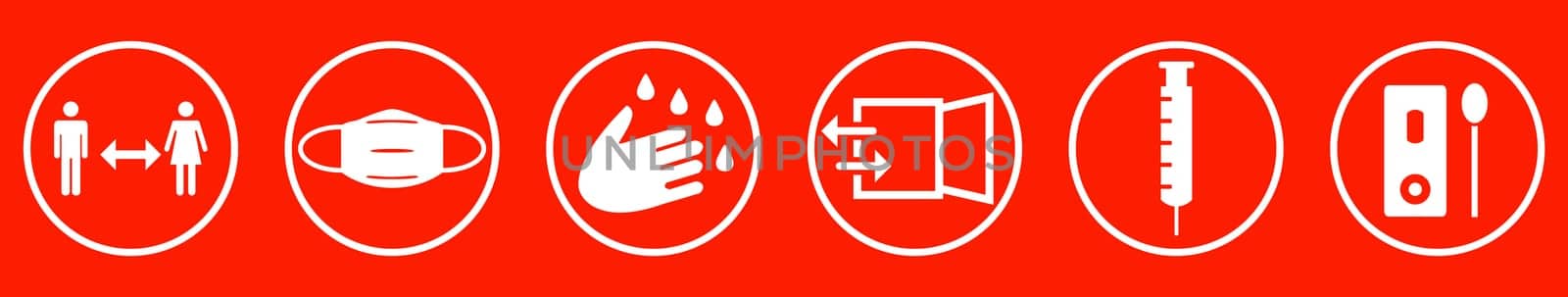 Coronavirus Instructions red white: Wash your hands, keep distance, wear a mask, open windows for ventilation, get vaccinated, wash your hands, use rapid test