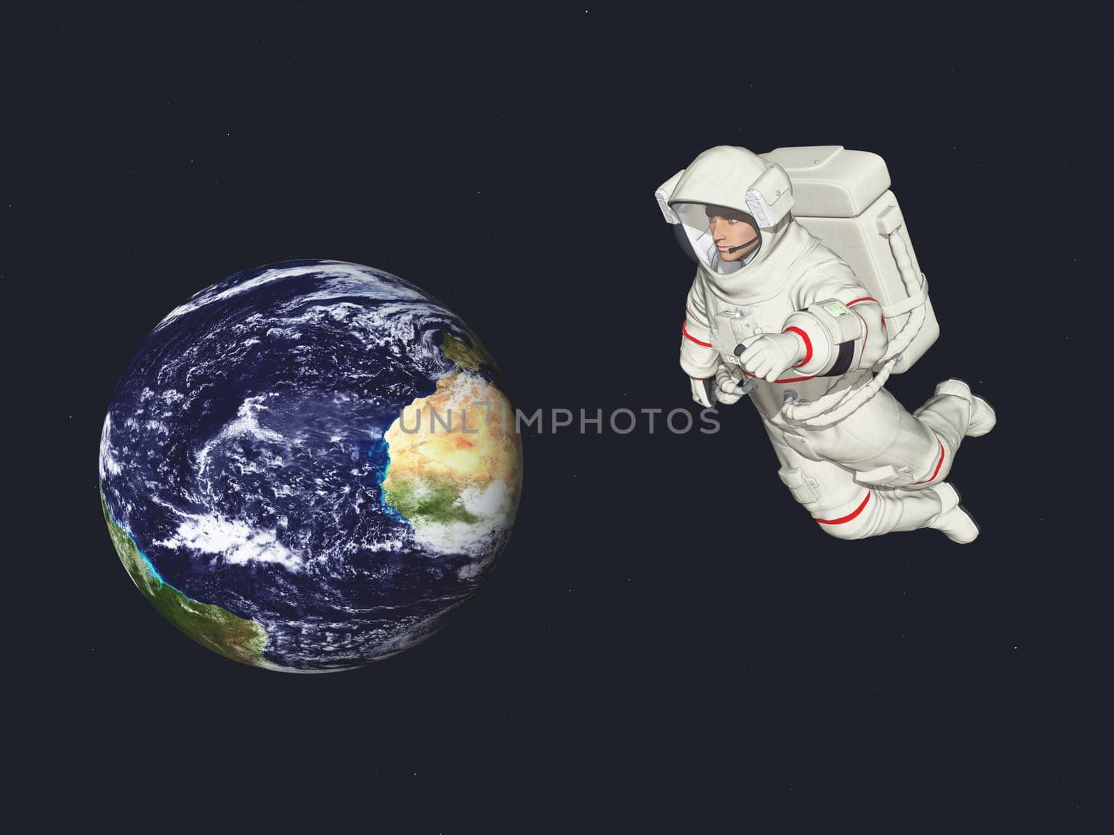 Computer generated 3D illustration with planet Earth and astronaut in space