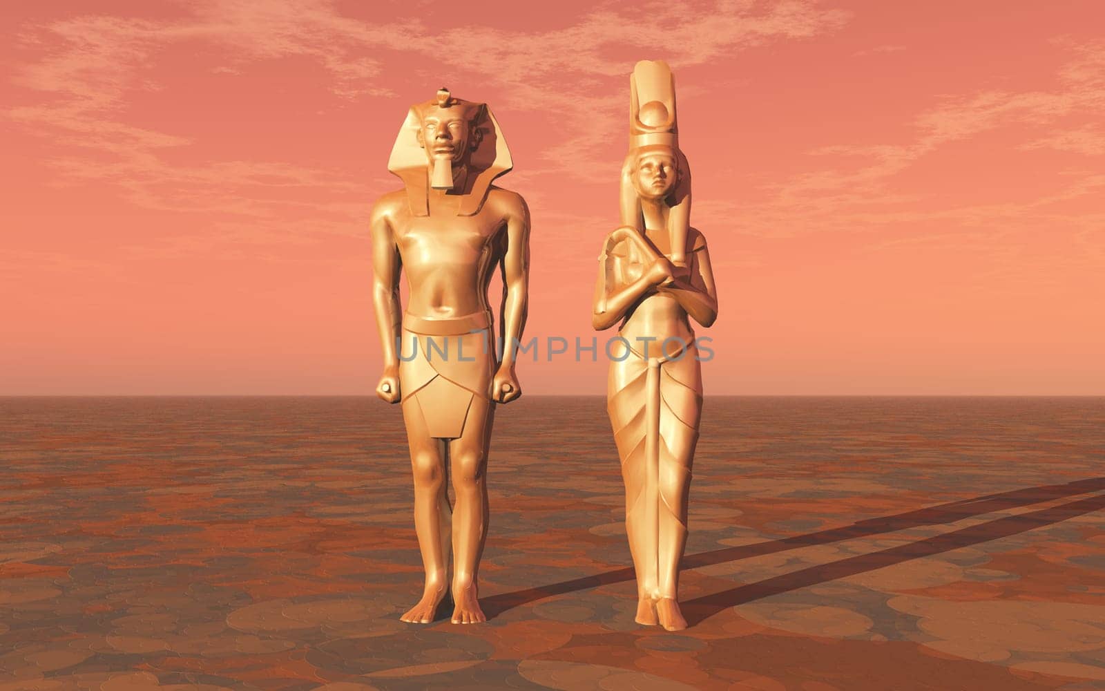 Computer generated 3D illustration with two statues from ancient Egypt in a landscape