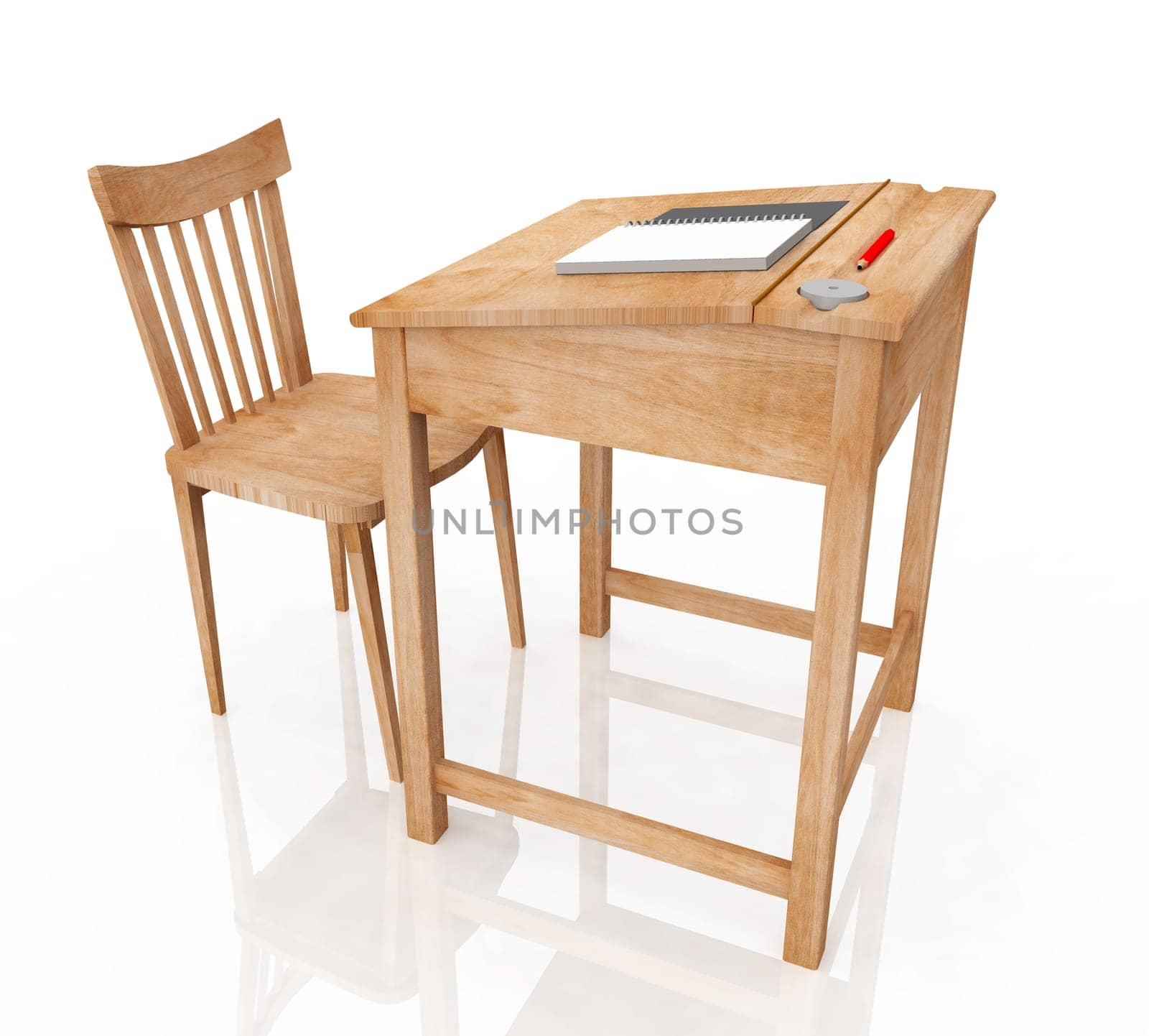 Computer generated 3D illustration with wooden desk and chair against a white background