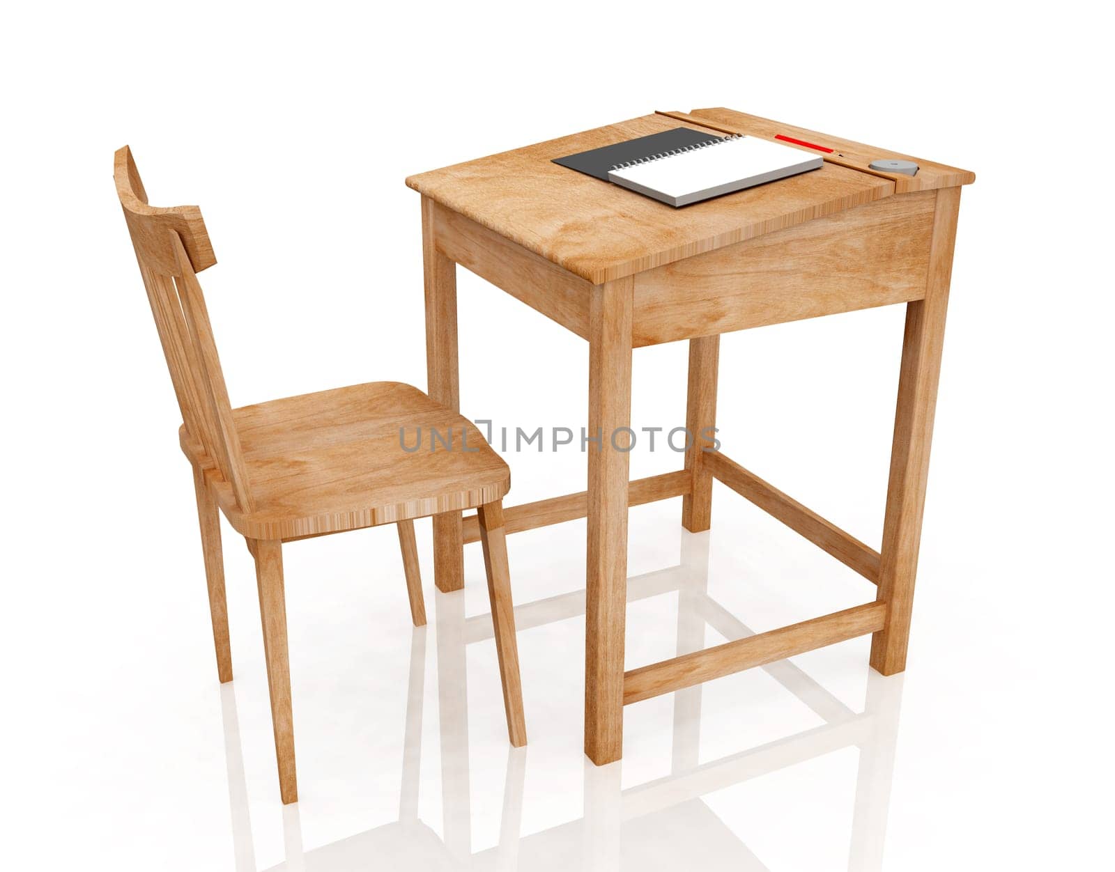 Computer generated 3D illustration with wooden desk and chair against a white background