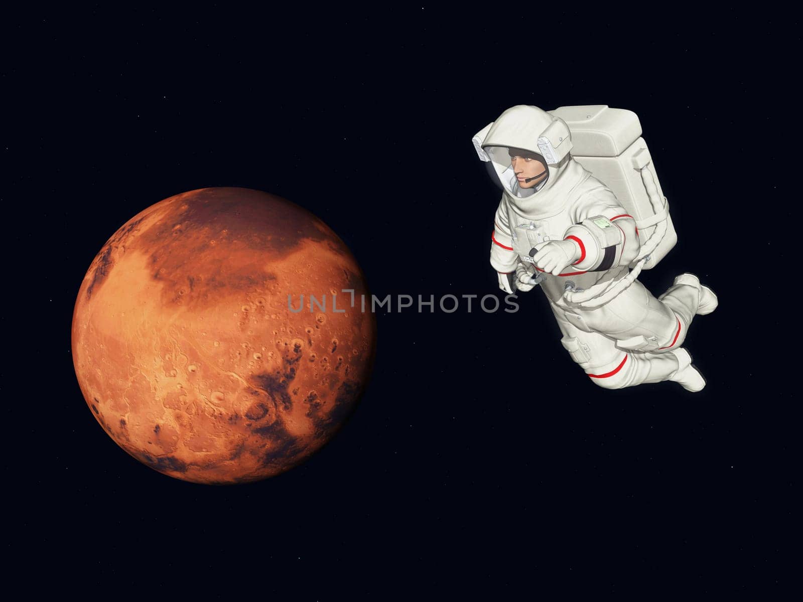 Computer generated 3D illustration with planet Mars and astronaut in space