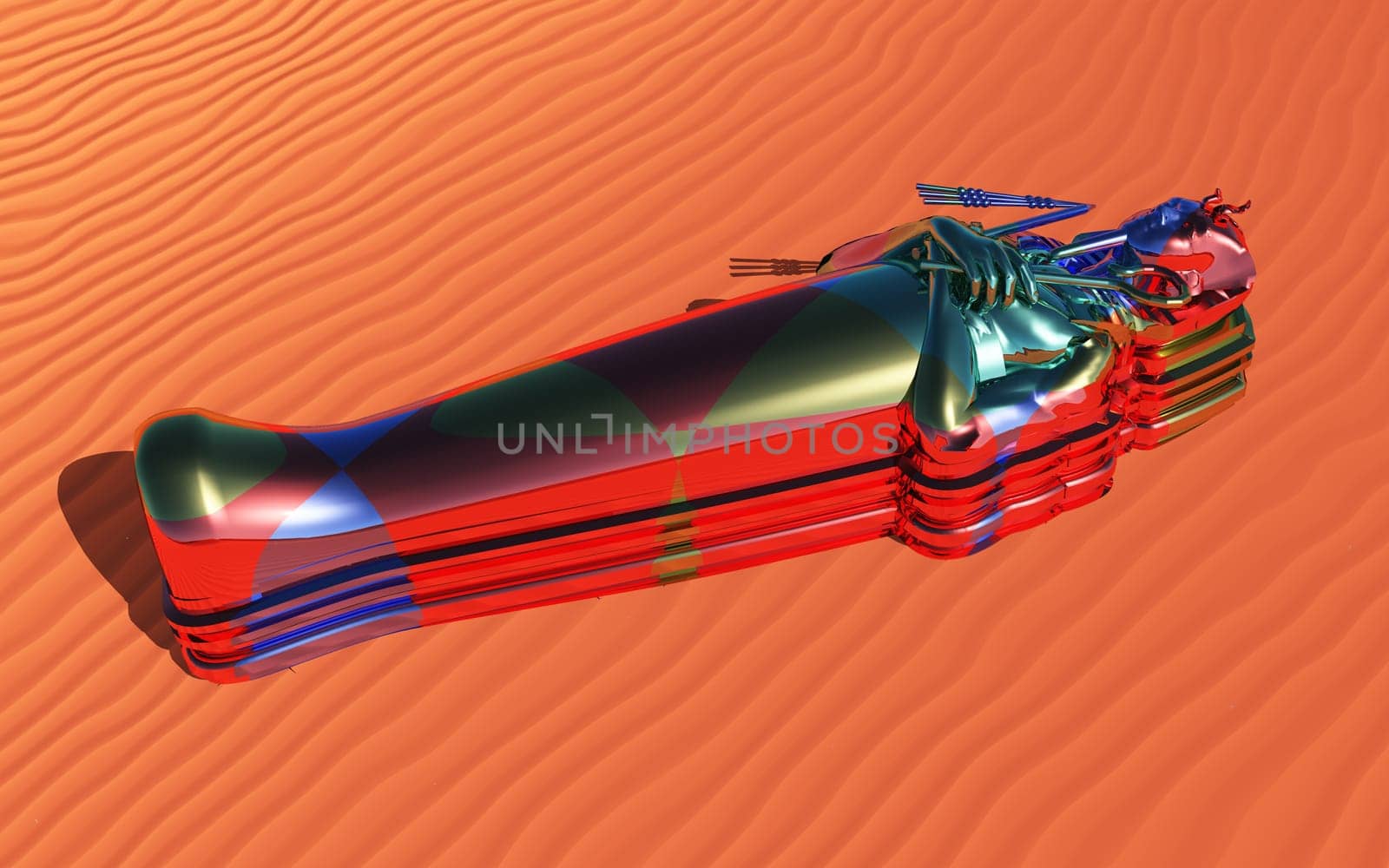 Computer generated 3D illustration with a sarcophagus in a sandy desert