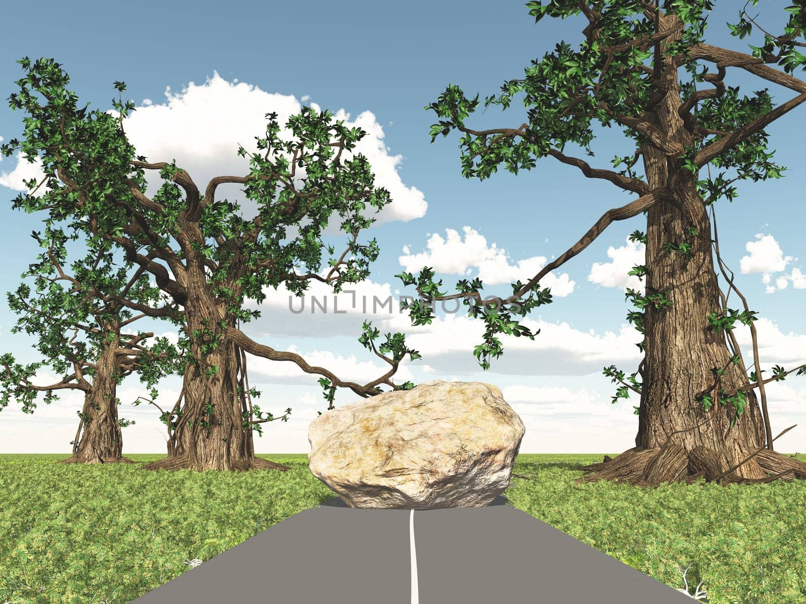 Computer generated 3D illustration with a huge rock on a country road