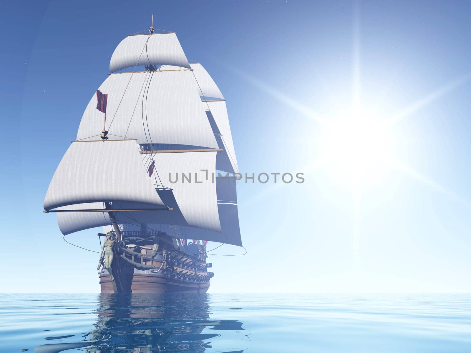Computer generated 3D illustration with French warship of the 18th century and glaring sun