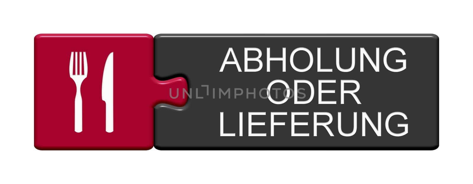 Isolated Puzzle Button red black with Cutlery Symbol showing Takeaway or Delivery in german language 3 D Illustration