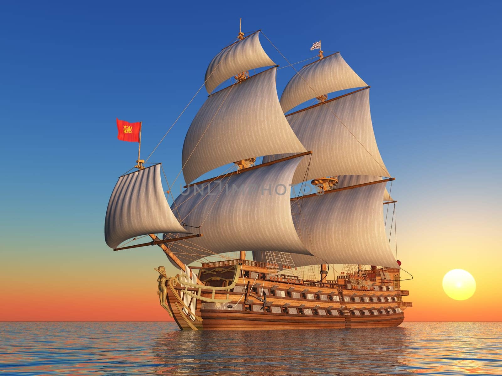 Computer generated 3D illustration with French warship of the 18th century at sunset