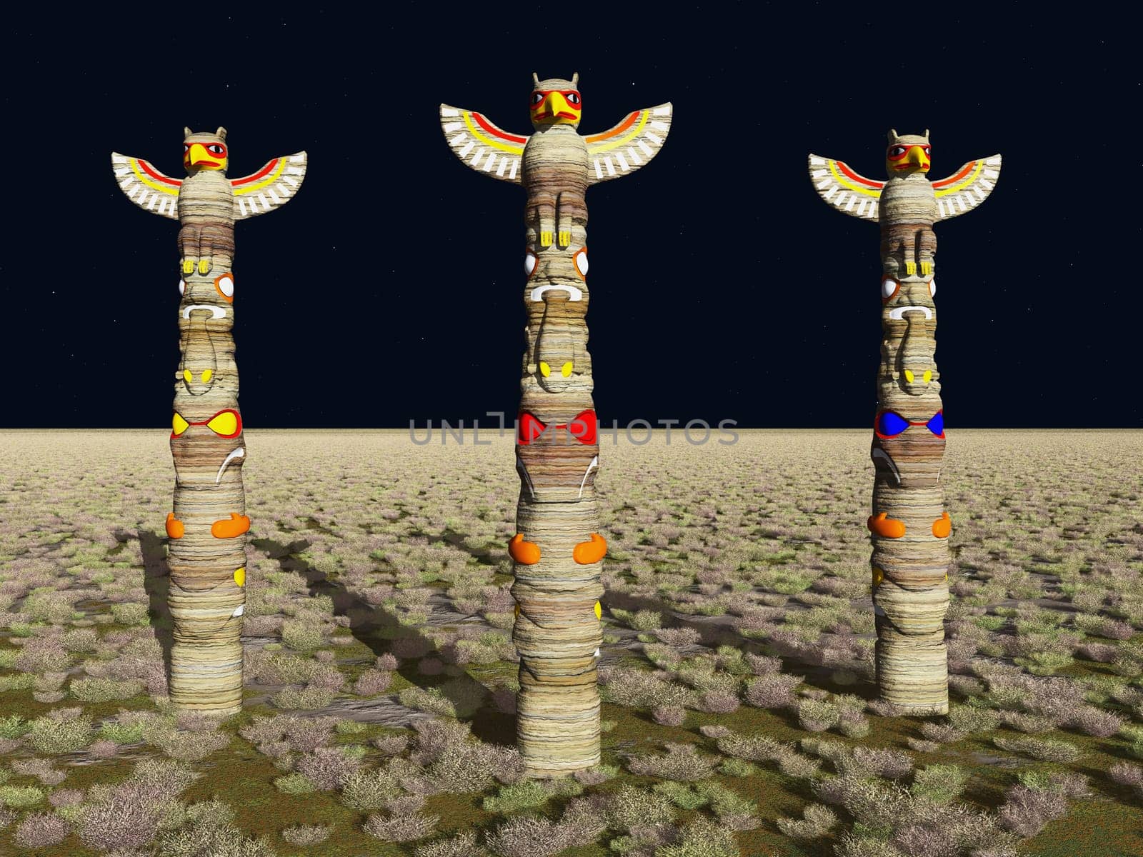 Computer generated 3D illustration with three totem poles on the prairie at night