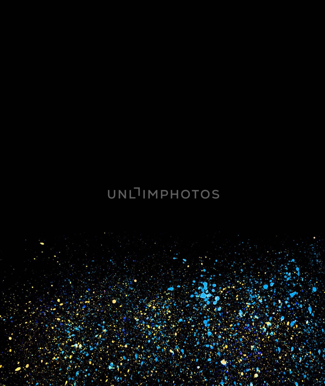 Colorful yellow and blue watercolor blobs on black background texture banner