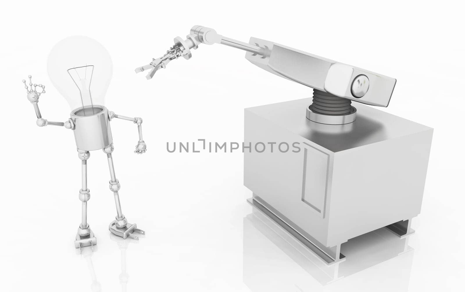 Computer generated 3D illustration of a light bulb figure with an industrial robot
