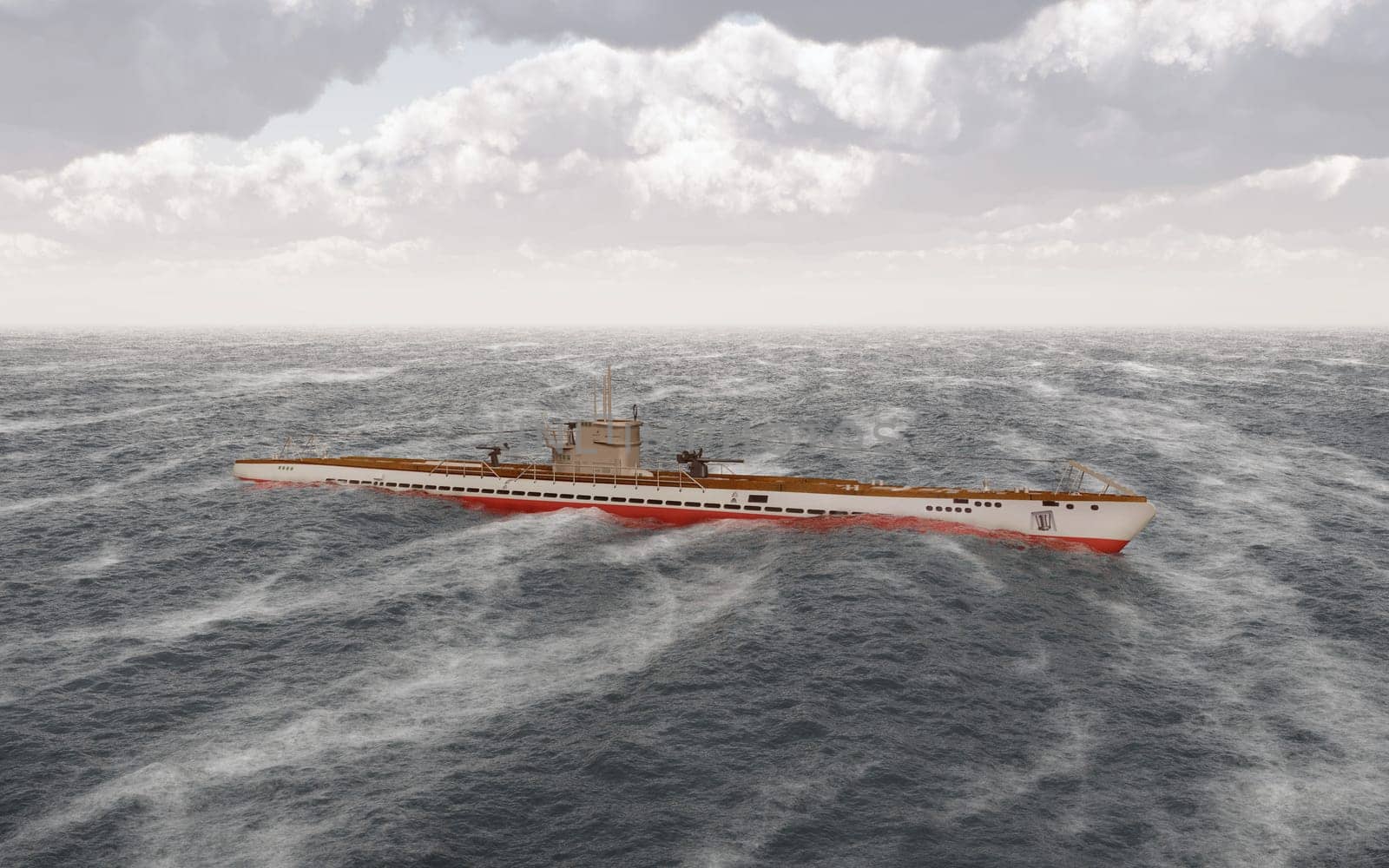 Computer generated 3D illustration with a German submarine of World War II in the stormy sea