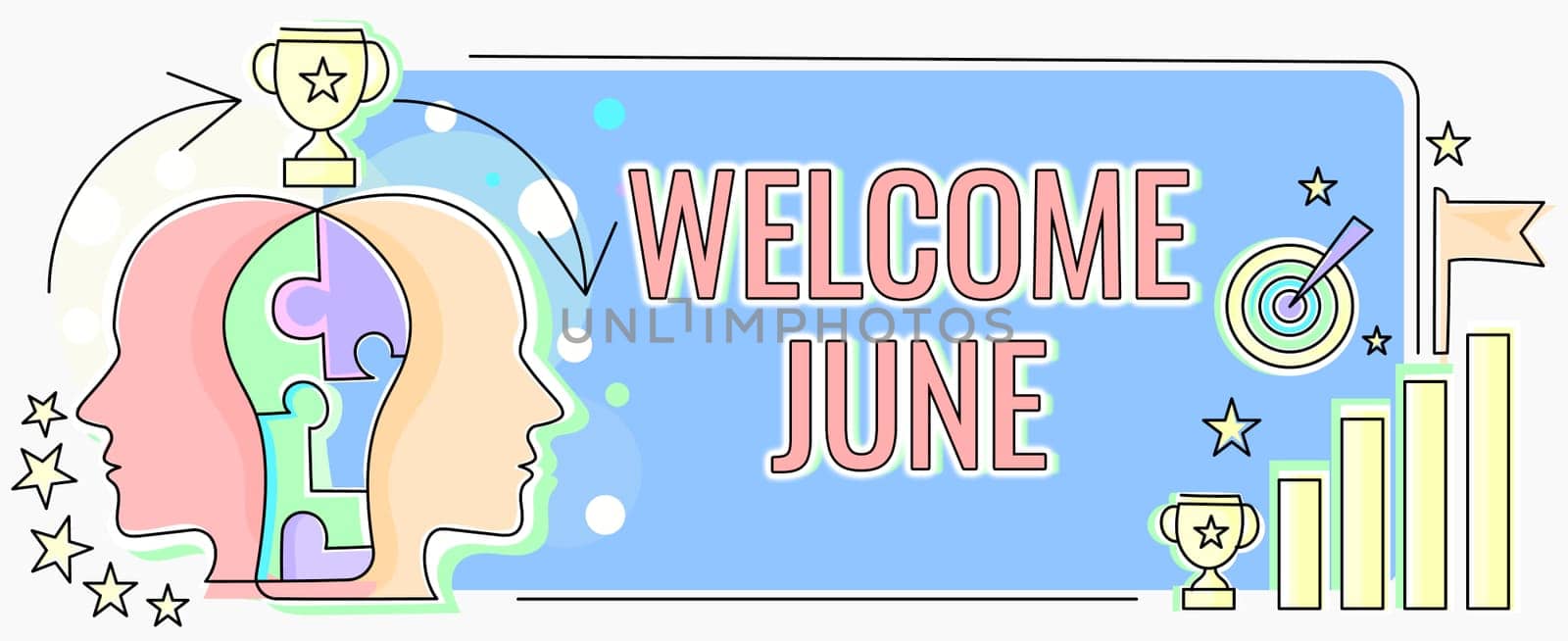 Conceptual display Welcome June, Business concept Calendar Sixth Month Second Quarter Thirty days Greetings Two Heads Connected Puzzle Showing Solving Problems And Sharing Success